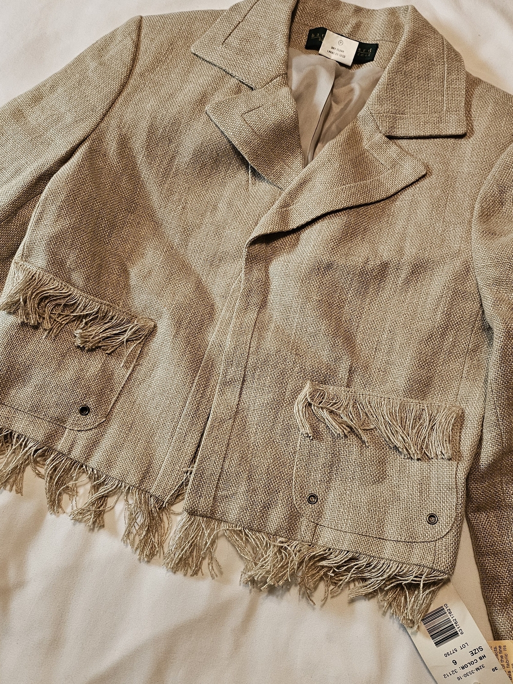 Harve Benard Vintage Fringe Hem Linen Boxy Open Front Boho Chic Blazer Size 6 - Picture 3 of 8
